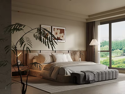 Modern Elegant Bedroom Interior Design With Bed Nightstand Artwork Plant Window Rug And Ottoman 3d model