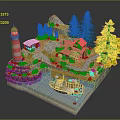 3D Model Scene With Lighthouse Small Houses Rocky Terrain Trees Water And Boat