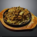 Delicious Teppanyaki Dish On Black Iron Plate With Wooden Tray And Fresh Ingredients
