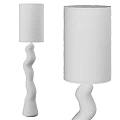 Modern Floor Lamps With White Twisted And Wooden Bases Light Gray Beige Fabric Shades
