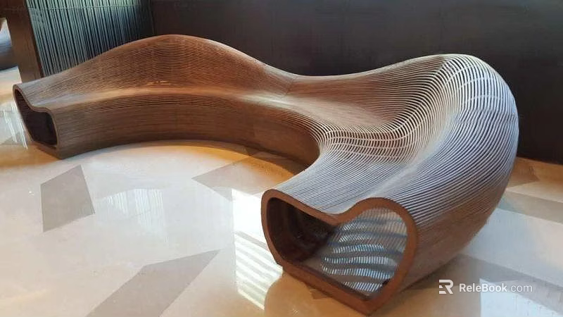Unique Curved Wooden Public Bench With Intricate Woven Texture In Modern Indoor Setting 3d model 