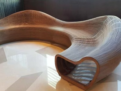 Unique Curved Wooden Public Bench With Intricate Woven Texture In Modern Indoor Setting 3d model