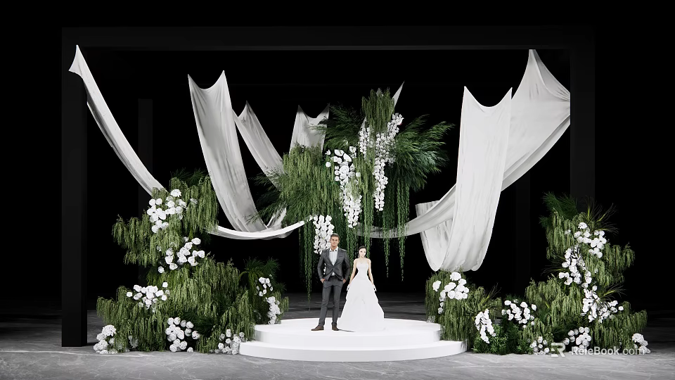 Wedding Stage Floral Installation With White Flowers Greenery And Flowing Fabric For Couple 3d model 