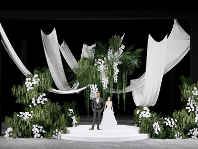 Wedding Stage Floral Installation With White Flowers Greenery And Flowing Fabric For Couple 3d model