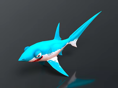 Cartoon Blue Shark Toy with Big Eyes Open Mouth White Belly and Dark Background Reflection 3d model