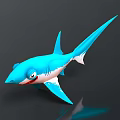 Cartoon Blue Shark Toy with Big Eyes Open Mouth White Belly and Dark Background Reflection
