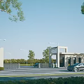 Modern Estate Entrance Gate Design With Trees Street Lights And Cars