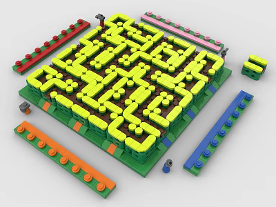 Colorful Building Block Maze With Yellow Blocks On Green Base And Colorful Strips 3d model