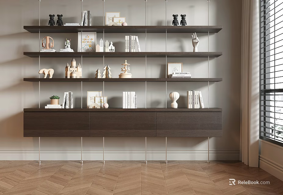 Modern Dark Brown Shelf Unit with Metal Frame Multiple Layers Drawers Books Decor Storage 3d model 