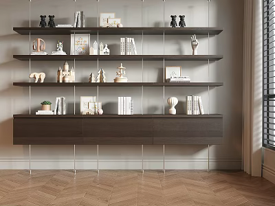Modern Dark Brown Shelf Unit with Metal Frame Multiple Layers Drawers Books Decor Storage 3d model