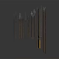 Traditional Weapons Collection Featuring Spears Swords With Wooden Shafts And Metal Heads In Vertical