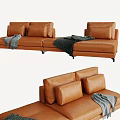 Modern Brown Leather Sectional Sofa With Plush Cushions And Throw Blankets 3d model