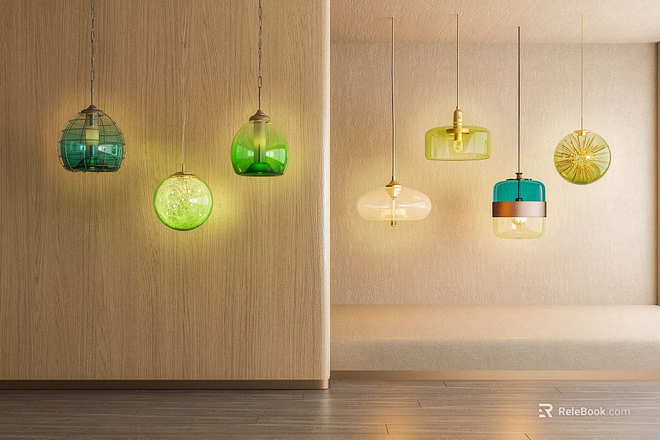 Modern Hanging Glass Pendant Lights With Green Yellow Transparent Colors For Interior Decor 3d model 