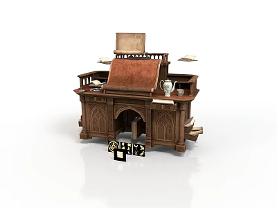 Vintage Carved Wooden Writing Desk With Leather Notebook Inkpot And Papers 3d model
