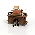 Vintage Carved Wooden Writing Desk With Leather Notebook Inkpot And Papers
