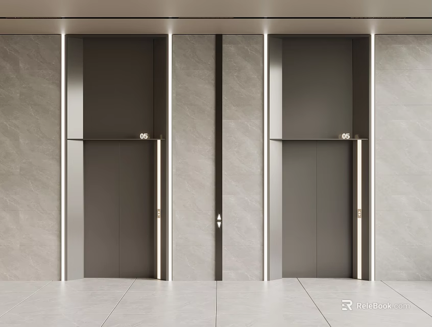 Modern Elevators In Minimalist Lobby With Stone Walls And Tiled Floor 3d model