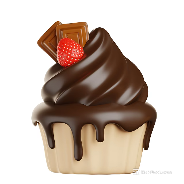 Delicious Ice Cream Cone Topped With Swirled Chocolate Sauce Fresh Strawberry And Chocolate Pieces 3d model 
