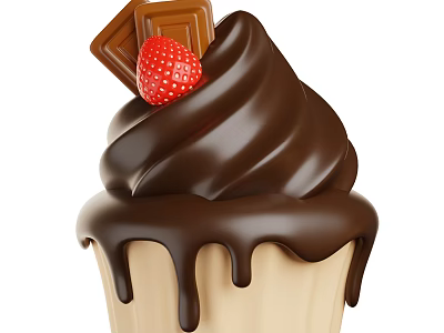 Delicious Ice Cream Cone Topped With Swirled Chocolate Sauce Fresh Strawberry And Chocolate Pieces 3d model