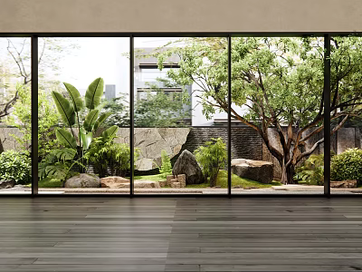 Serene Courtyard Garden Design With Lush Greenery Tall Trees Stones And Large Glass Windows 3d model