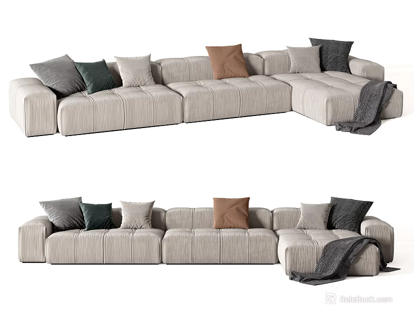 Light Beige Sectional Sofa With Textured Fabric Multiple Colored Cushions And Throw Blanket 3d model