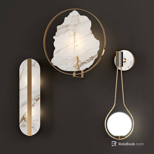 Elegant Modern Wall Lamps Featuring Marble Texture And Gold Frame Design 3d model 