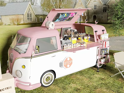 Pink White Vintage Food Truck With Drinks Outdoor On Lawn 3d model
