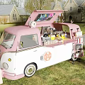 Pink White Vintage Food Truck With Drinks Outdoor On Lawn