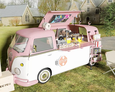 Pink White Vintage Food Truck With Drinks Outdoor On Lawn 3d model
