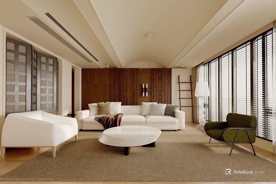 Modern Living Room With White Sofa Green Armchair Round Coffee Table And Wooden Accent Wall 3d model 