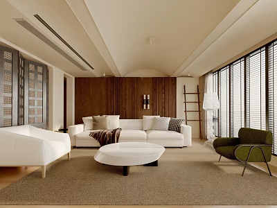 Modern Living Room With White Sofa Green Armchair Round Coffee Table And Wooden Accent Wall 3d model