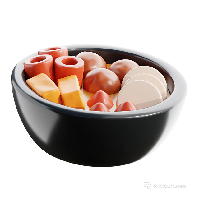 Cheese Platter in Black Bowl with Red Orange Yellow White Brown Cylindrical Blocks and Slices 3d model 