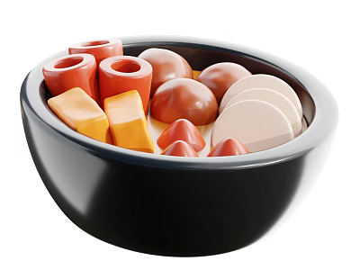 Cheese Platter in Black Bowl with Red Orange Yellow White Brown Cylindrical Blocks and Slices 3d model