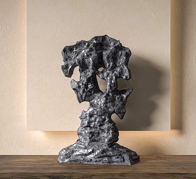 Abstract Stone Sculpture with Irregular Shape and Rough Texture on Wooden Table Against Beige Wall 3d model