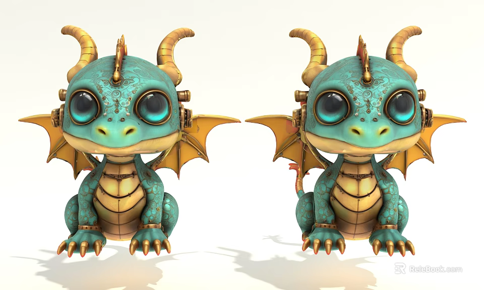 Cute Green Dragon Character With Yellow Horns Wings And Big Eyes For Game Movie 3d model 