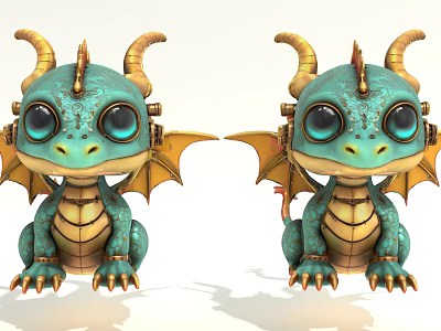 Cute Green Dragon Character With Yellow Horns Wings And Big Eyes For Game Movie 3d model