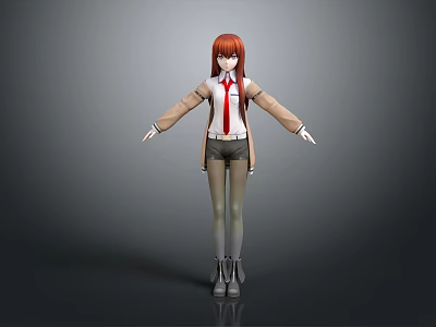 3D Character With Red Hair Beige Coat White Shirt Red Tie Arms Outstretched Gray Background 3d model