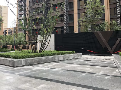 Modern Feature Wall Design With Green Lawn Trees And Paved Ground In Front Of Building 3d model