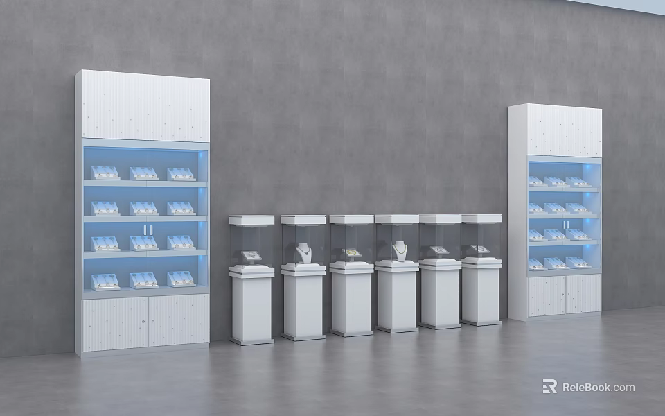 White Retail Display Cabinets and Shelves with Blue Items in Grey Background Setting 3d model 