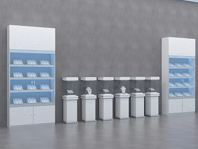 White Retail Display Cabinets and Shelves with Blue Items in Grey Background Setting 3d model
