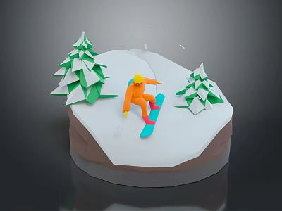 3D Model Scene Featuring Snowboarder In Orange Outfit Origami Style Pine Trees And Snowy Ground 3d model