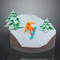 3D Model Scene Featuring Snowboarder In Orange Outfit Origami Style Pine Trees And Snowy Ground