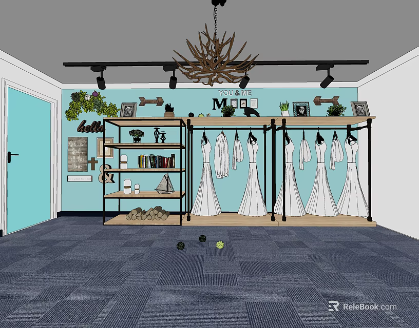 Stylish Shelving Unit With Hanging White Dresses Decorations Green Plants And Light Blue Wall 3d model 