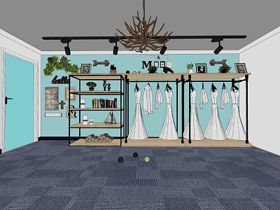 Stylish Shelving Unit With Hanging White Dresses Decorations Green Plants And Light Blue Wall 3d model