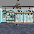 Stylish Shelving Unit With Hanging White Dresses Decorations Green Plants And Light Blue Wall