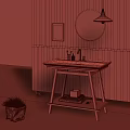 Bathroom Washstand With Wooden Stand Black Wall Wavy Pattern Round Mirror Lamp And Towels