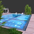 Luxury Swimming Pool Area With Lounge Chairs Sun Umbrellas Greenery Wooden Deck And Blue Lighting