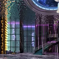 Luxurious KTV Interior With Starry Ceiling Spiral Chandelier And Purple Gold Decorations