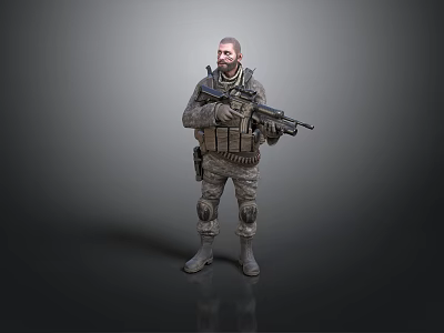 Military Soldier in Camouflage Uniform Holding Rifle With Tactical Gear Standing Isolated on Gray Background 3d model