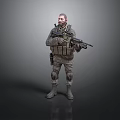 Military Soldier in Camouflage Uniform Holding Rifle With Tactical Gear Standing Isolated on Gray Background