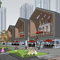 Modern Commercial Street With Wooden Architecture Outdoor Seating And Green Plants